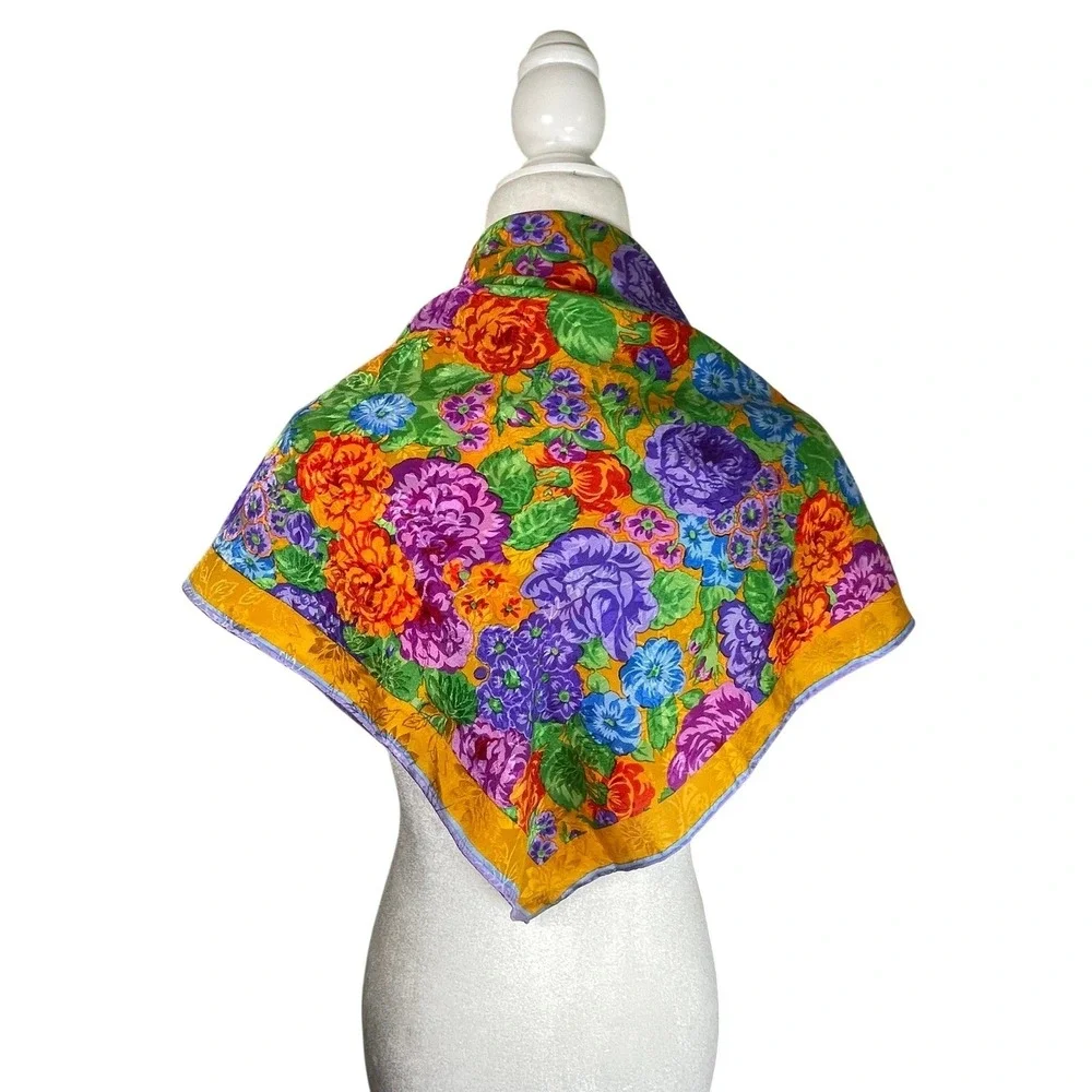 Albert Nipon Vintage Floral Jacquard Silk Square Scarf Gold Purple Hand Rolled‎
